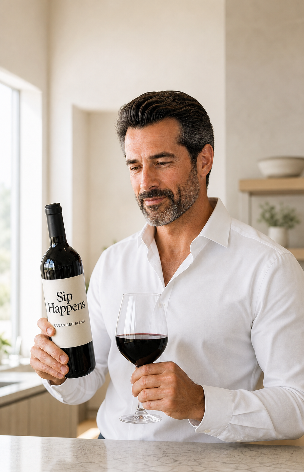 The Sip and Giggles Guy thoughtfully reading a Sip Happens clean red blend label in a bright kitchen.