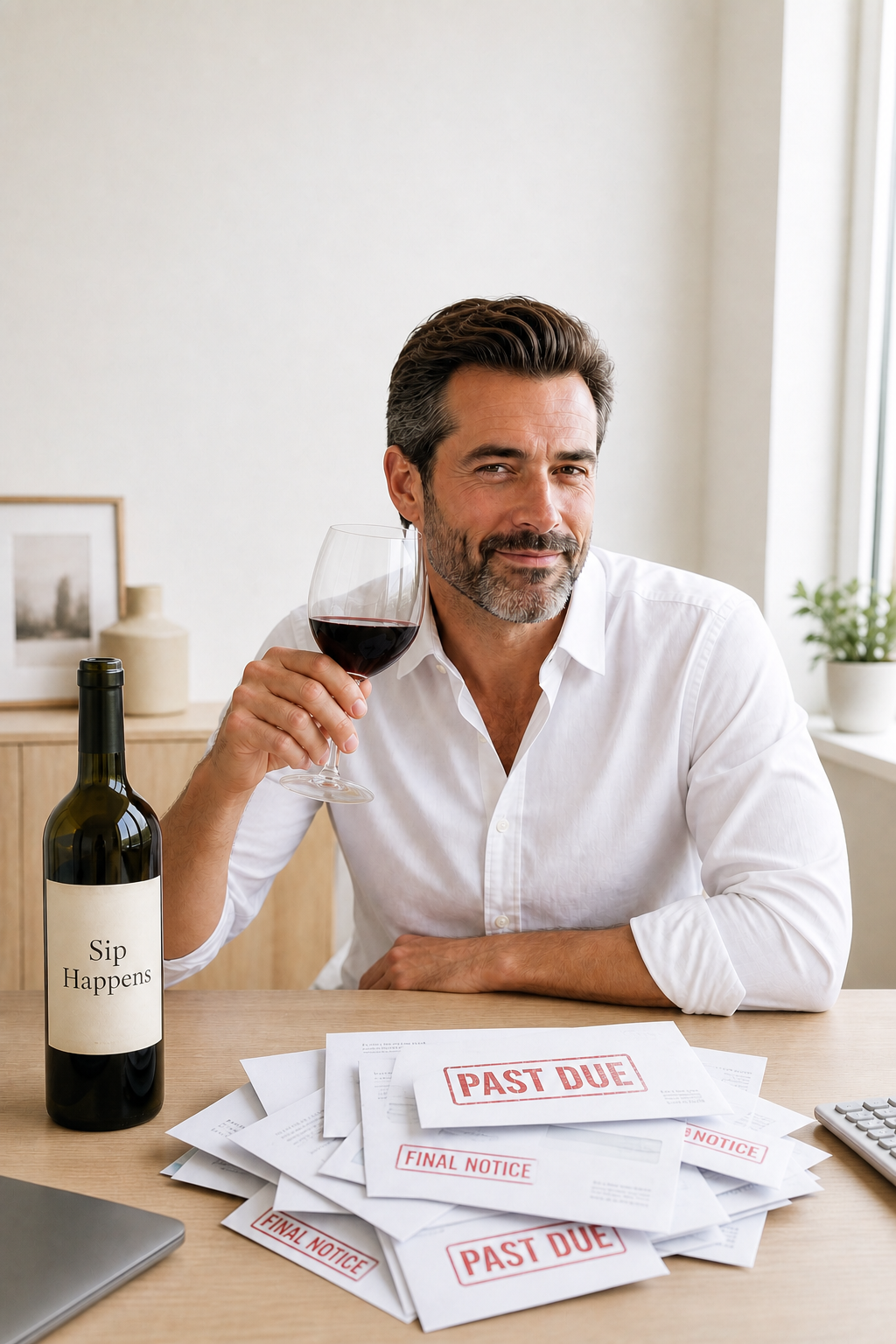 The Sip and Giggles Guy raises a glass behind a pile of envelopes clearly stamped Past Due and Final Notice.